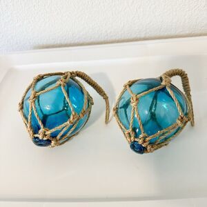 2 Blue Glass Fishing Boat Buoys w/ Rope Net Floats Decorative Coastal Nautical